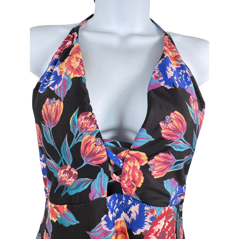 ModCloth Floral Halter One Piece Swimsuit sz Large Black floral boho retro - Picture 2 of 8